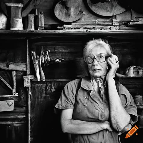 Black and white portrait of a woodworker in front of their workshop with rustic tools on Craiyon