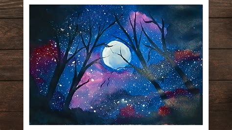 Moonlight night sky landscape painting Acrylic painting of Beautiful Moon step by step easy ...