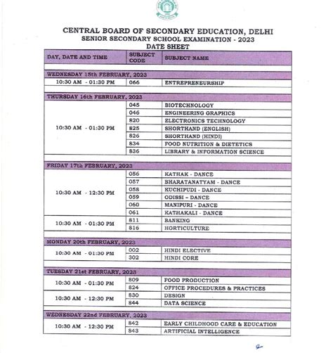 CBSE 12th Date Sheet 2023 001 - CBSE 10th and 12th Class Results 2024