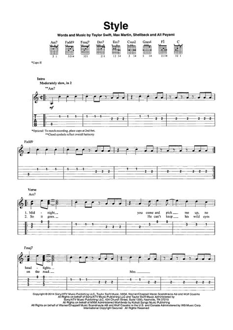 Style" Sheet Music by Taylor Swift for Guitar Tab/Vocal/Chords - Sheet ...