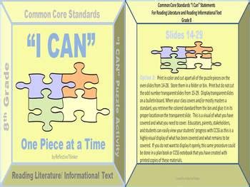 8th Grade Reading Common Core Standards: I Can Statements & Puzzle Activity