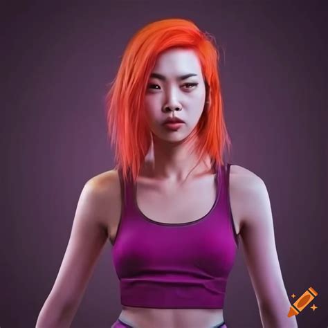 Cyberpunk woman with orange hair and pink racerback tank top