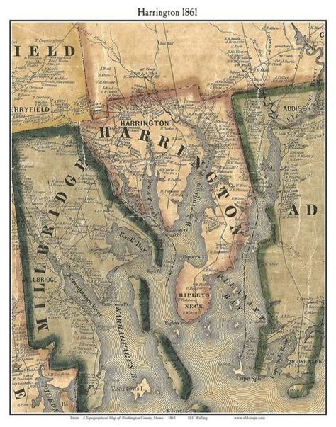 Harrington, Maine 1861 Old Town Map Custom Print - Washington Co. | Town map, Custom map, Map