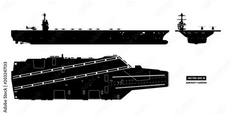 Silhouette of aircraft carrier. Military ship. Top, front and side view ...