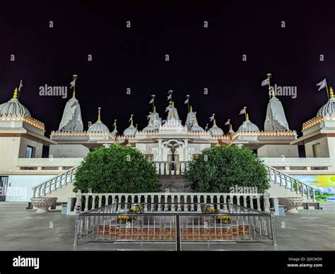 Scenic night view of the BAPS Swaminarayan temple, India Stock Photo ...