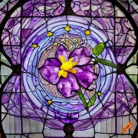 Purple stained glass window with a nightshade flower design on Craiyon