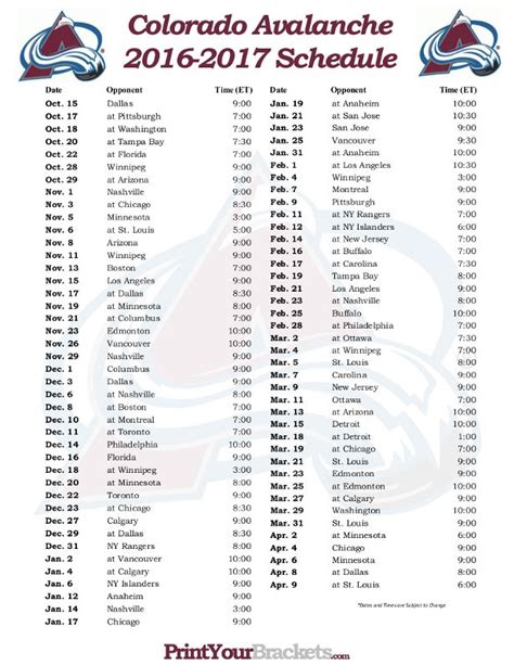 Avalanche Schedule Printable