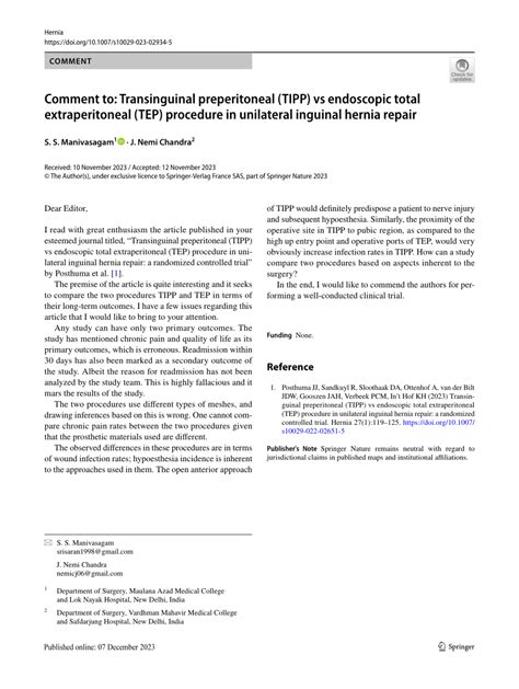 (PDF) Comment to: Transinguinal preperitoneal (TIPP) vs endoscopic total extraperitoneal (TEP ...