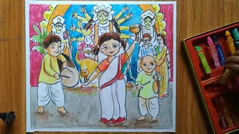 durga pujar scenery drawing for kids with oil pastel color,how to draw ...