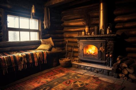 Premium Photo | Rustic fireplace in a log cabin with warm blankets created with generative ai