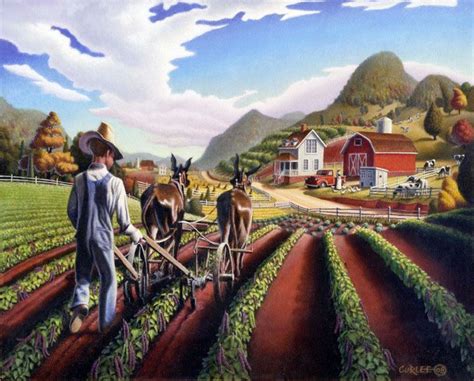 Cultivating The Peas folk art farm americana landscape oil ...Walt ...