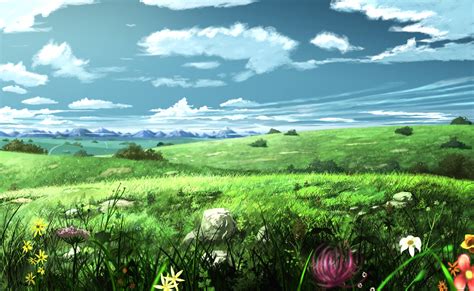 4K Ultra HD Anime Mountain Flower Scenery Wallpaper by そよ風