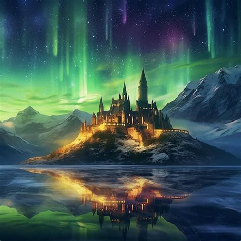 Premium AI Image | a castle on a mountain with the aurora borealis above it