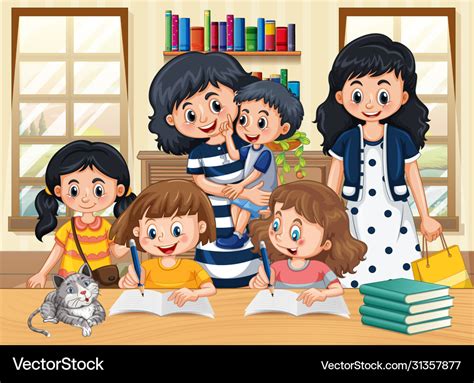 Family member with kids doing homework cartoon Vector Image