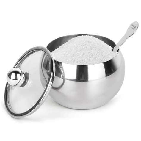 Stainless Steel Sugar Bowl with Clear Lid and Sugar Spoon 8.1 Ounces(240 Milliliter) Sugar ...