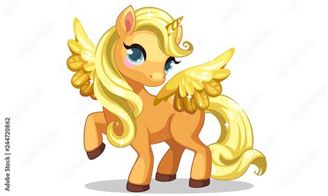 Cute little golden unicorn with golden wings in standing pose vector ...