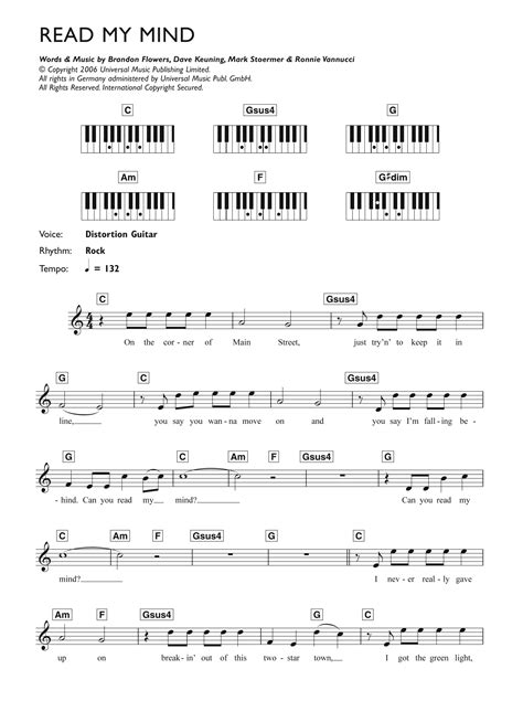 Read My Mind by The Killers Sheet Music for Piano Chords/Lyrics at Sheet Music Direct