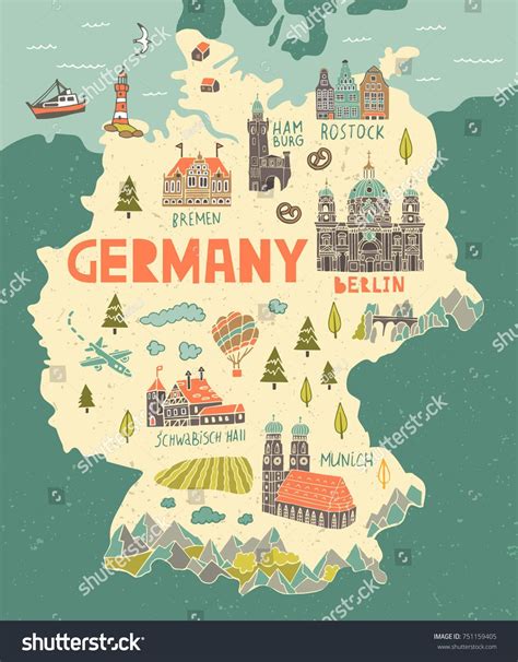 Illustrated Map Germany Travel Attractions Stock Vector (Royalty Free ...