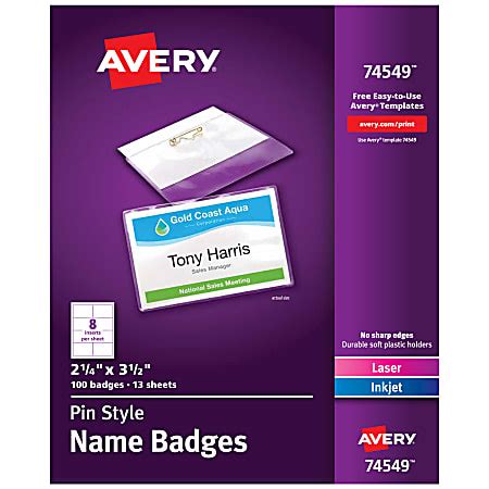 Avery® Customizable Name Badges With Pins, 74549, 2-1/4" x 3-1/2", Clear Name Tag Holders With ...