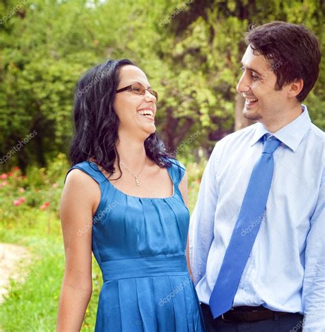 Happy joyful couple laughing outdoor — Stock Photo © dundanim #9933327