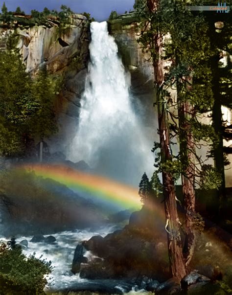 Ansel Adams, Nevada falls with rainbow, Yosemite National Park, 1946, colorized by Alex Y. Lim ...