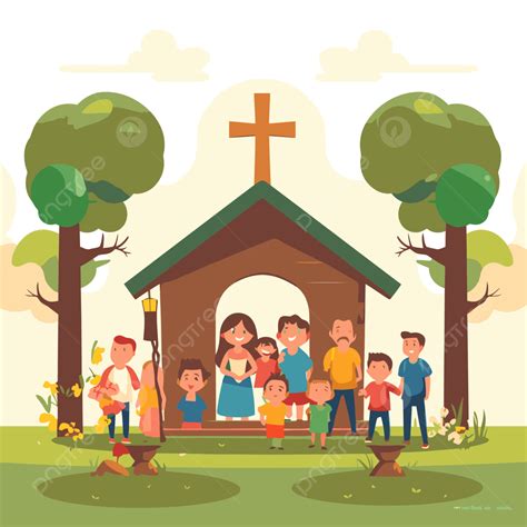 Outdoor Worship Clipart Family Around The Church Vector Illustration Cartoon, Family Clipart ...