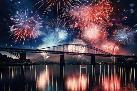 Premium AI Image | blue white and red fireworks over the river at night