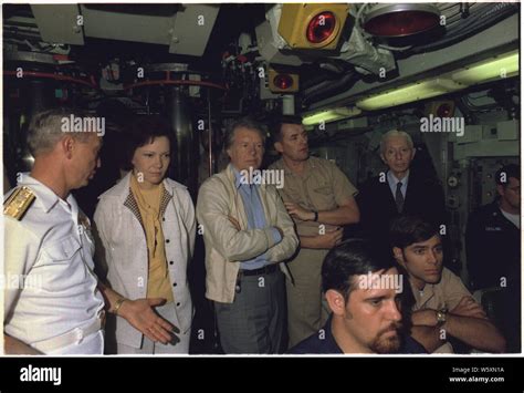 Rosalynn Carter, Jimmy Carter and Admiral Hyman Rickover aboard the submarine USS Los Angeles ...