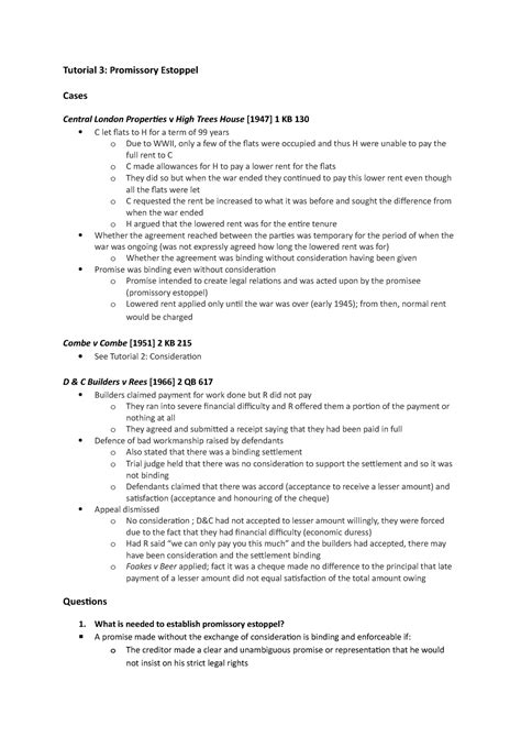 Promissory Estoppel - Tutorial 3: Promissory Estoppel Cases Central London Properties v High ...