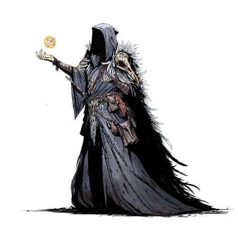 a drawing of a wizard holding a gold ball in his hand and looking at it