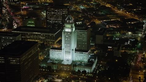 Los Angeles City Hall at night, Downtown Los Angeles, California Aerial ...