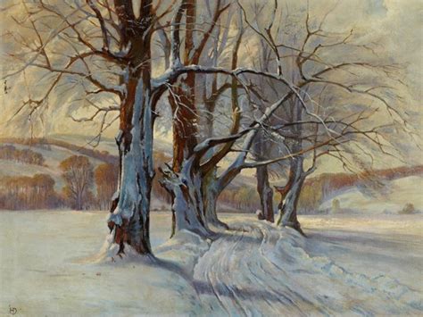 This oil painting depicts a winter landscape, wonderfully covered in deep snow. To both sides of ...