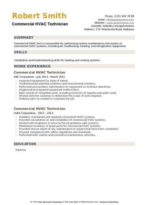 Commercial HVAC Technician Resume Samples | QwikResume