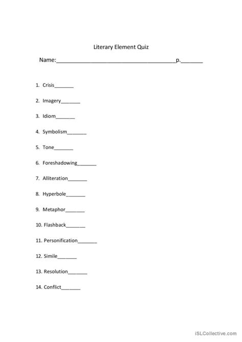 Literary Elements Quiz: English ESL worksheets pdf & doc