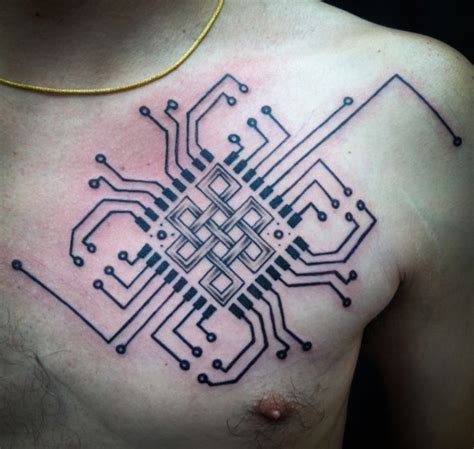 a man's chest with an electronic circuit tattoo on it