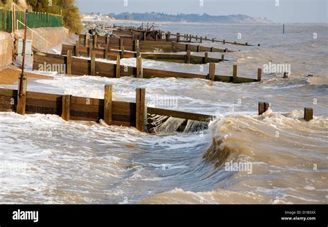 Waves wooden groynes sea defences Cobbold's Point, Felixstowe Stock ...