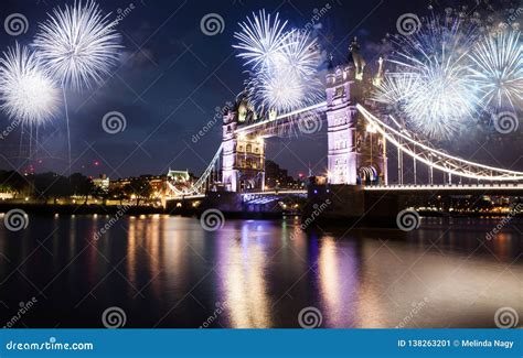 Tower Bridge with Fireworks Celebration of the New Year in London UK ...