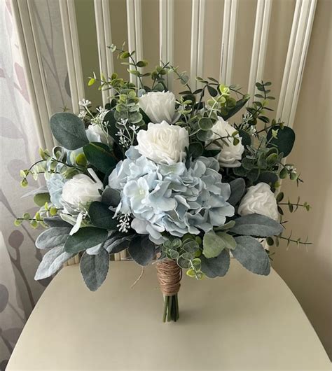 Boho Wedding Bouquet White Roses Blue Hydrangea With ...