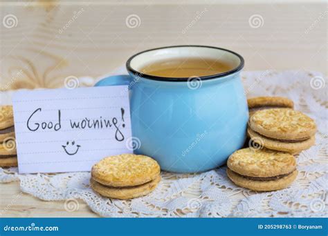 Cup of Coffee with Biscuits and Good Morning Card on Wooden Background Stock Image - Image of ...