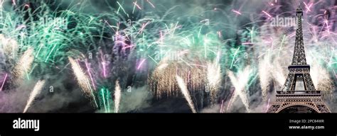 Celebratory colorful fireworks over the Eiffel Tower in Paris, France ...