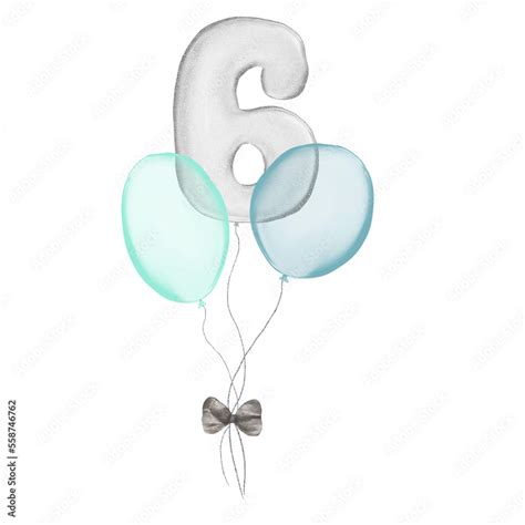 6 silver Birthday ballon with blue baloons. Number six glitter silver metallic balloon number ...