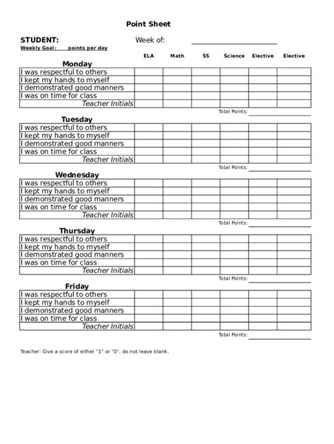 Behavior Point Sheet Template - Fill Online, Printable, Fillable, Blank | pdfFiller