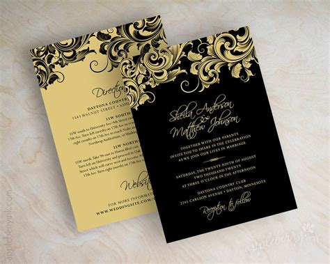 Black and gold wedding invitations victorian filigree design