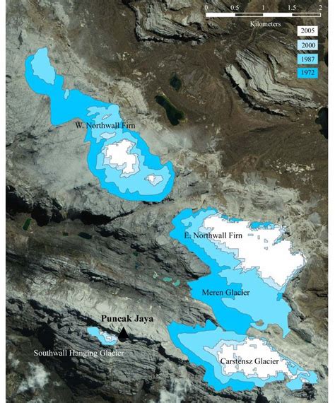 Map view of the glaciers extents near Puncak Jaya in 1972 (Hope et al ...