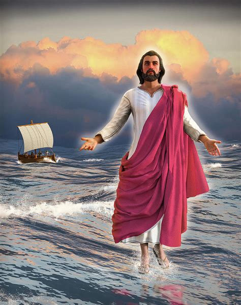 Jesus Christ walking on water with the disciples in a fishing bo Digital Art by Oliver Denker