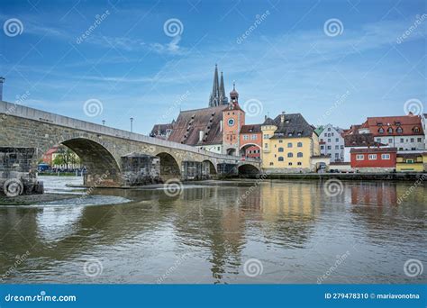 Old Medieval Stone Bridge and Historic Old Town in Regensburg, Germany ...