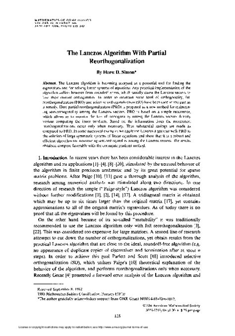 (PDF) The Lanczos algorithm with partial reorthogonalization | Horst ...