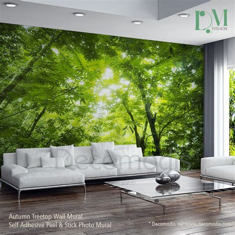 Green forest Wall Mural, Photo Mural Sunbeam through green forest treetop Self Adhesive Peel ...