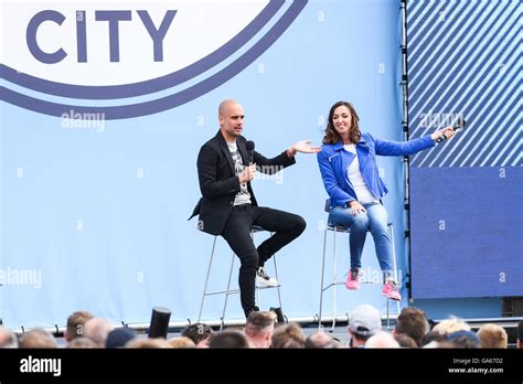 Manchester City manager Pep Guardiola is unveiled to fans by presenter Sally Nugent at the ...