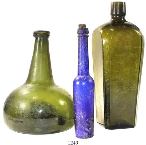 Lot of 3 intact glass bottles, European, 1800s: one green "onion," one ...